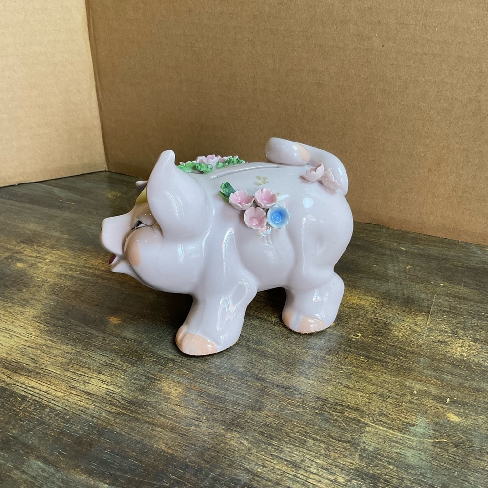Vintage Lefton China Piggy Bank Pink Pig w/ Applied Flowers Hand Painted Japan - Picture 3 of 10